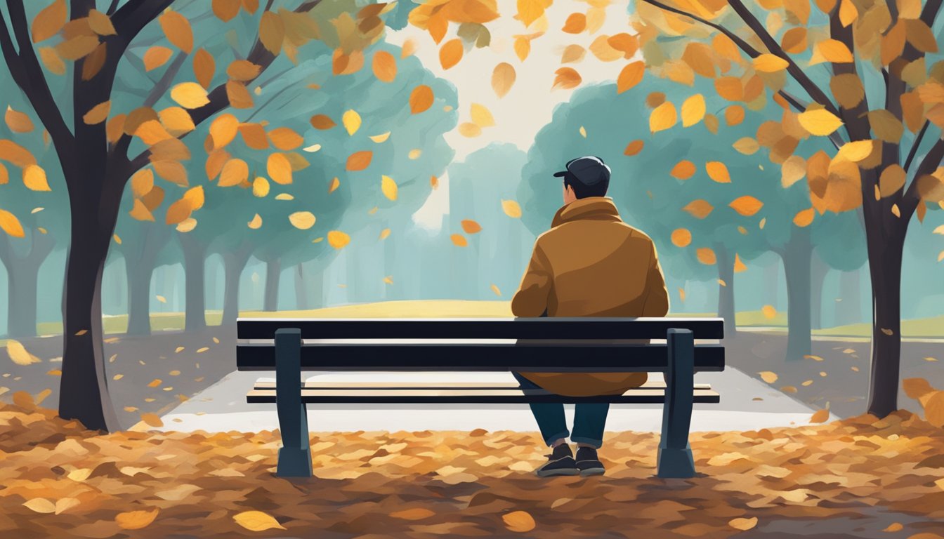 A man sits alone on a park bench, staring into the distance with a contemplative expression, surrounded by fallen leaves