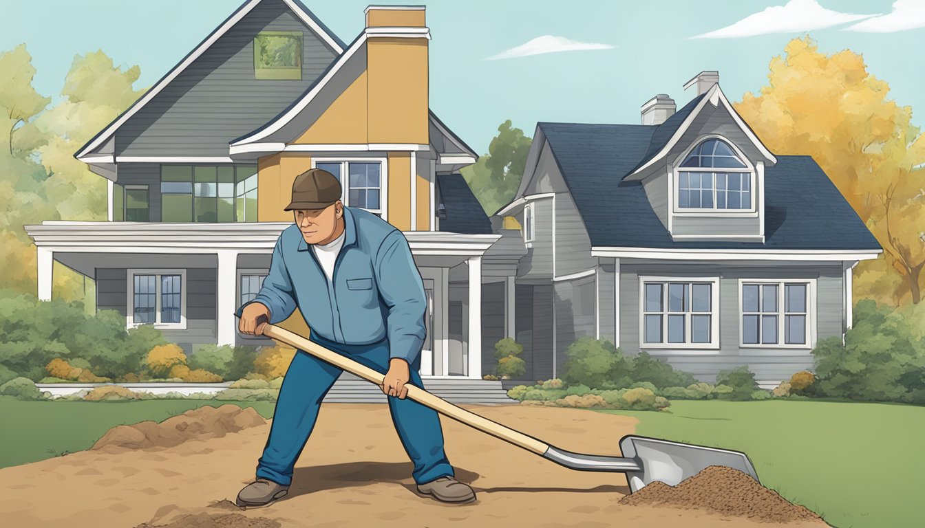 A man holding a shovel, breaking ground in front of a house with a "For Sale" sign