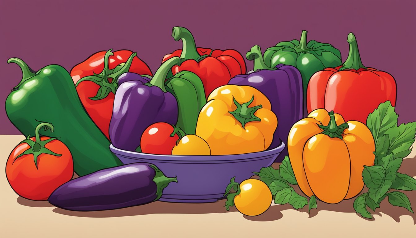 A colorful array of nightshade vegetables, such as tomatoes, bell peppers, and eggplants, arranged on a table with a bold, inflammatory red background