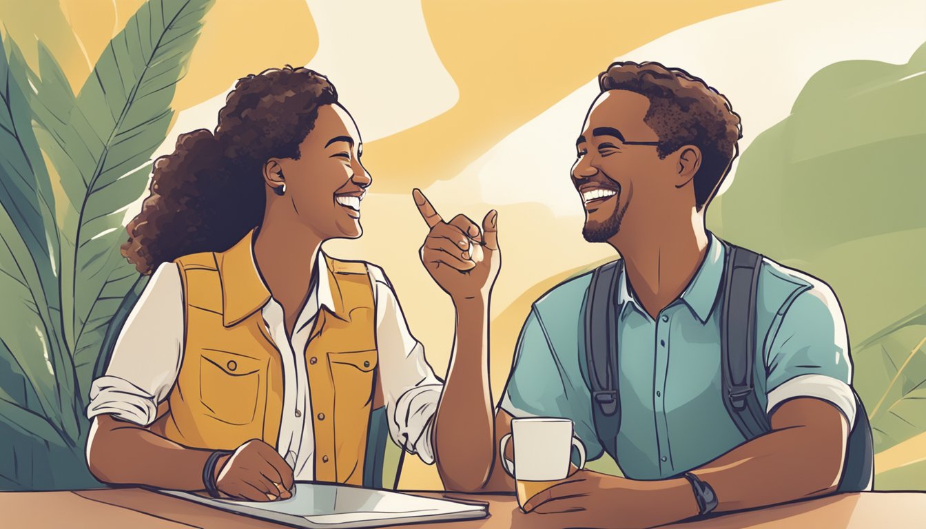 A man and a woman smiling and laughing together, engaging in a positive and lighthearted conversation