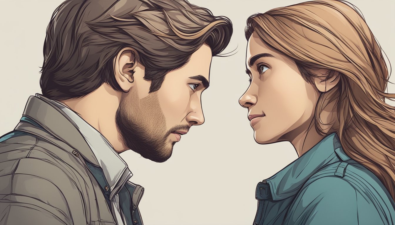 A man and woman standing face to face, holding hands and looking into each other's eyes with a determined and hopeful expression