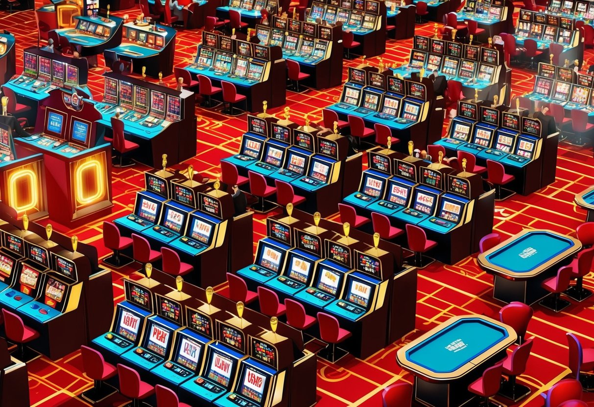 A bustling casino floor with slot machines, card tables, and a vibrant atmosphere