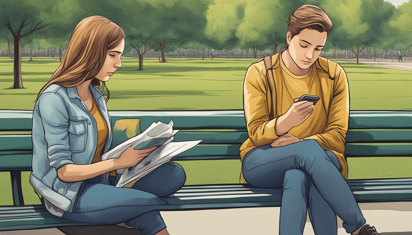 A person sitting alone on a park bench, looking at a photo of their ex-girlfriend with a determined expression