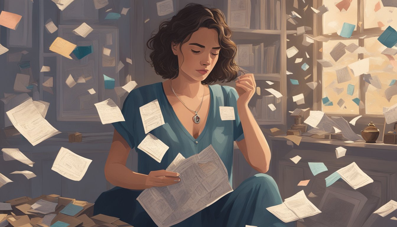 A woman standing alone in a dimly lit room, surrounded by scattered love letters and torn photographs. She holds a locket in her hand, gazing at it with a mix of longing and determination