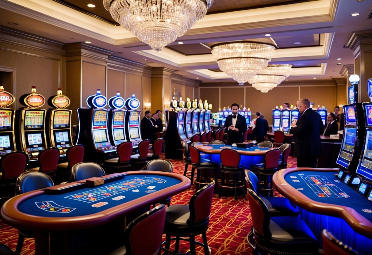 A luxurious casino with colorful slot machines and elegant card tables. The room is filled with excitement and anticipation as patrons try their luck