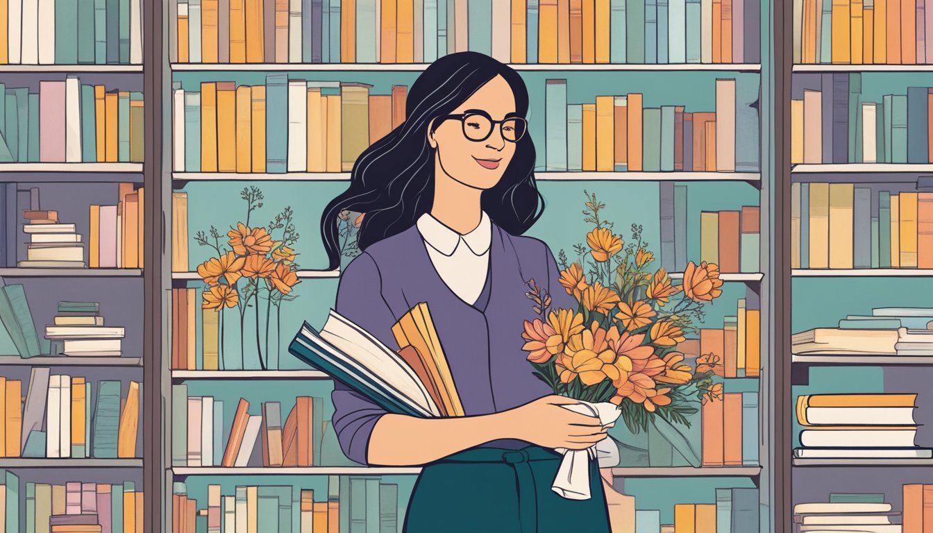 A woman standing confidently, surrounded by books on self-improvement and personal growth, while holding a bouquet of flowers