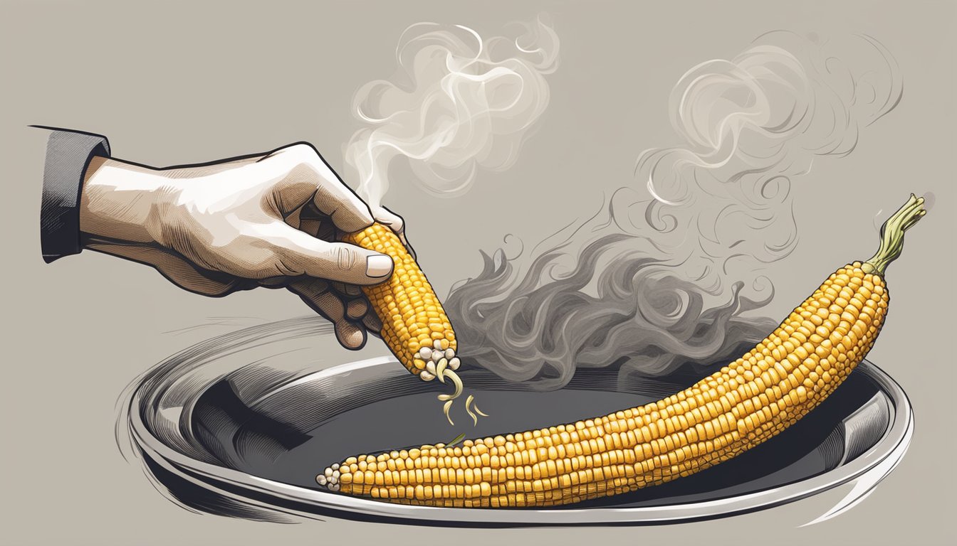 A hand reaching for a perfectly grilled corn on the cob, smoke rising from the golden kernels