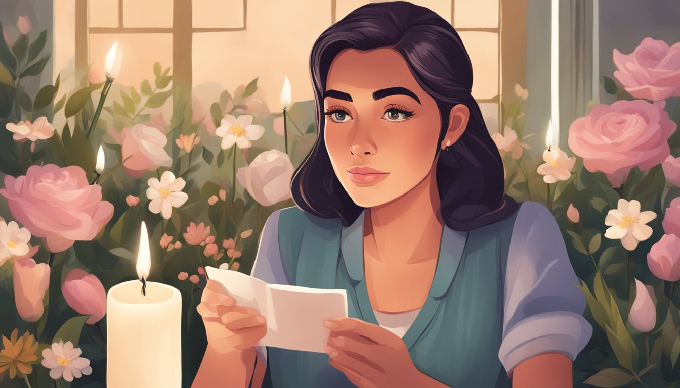 A woman sending a heartfelt message, surrounded by flowers and candles, with a determined look on her face