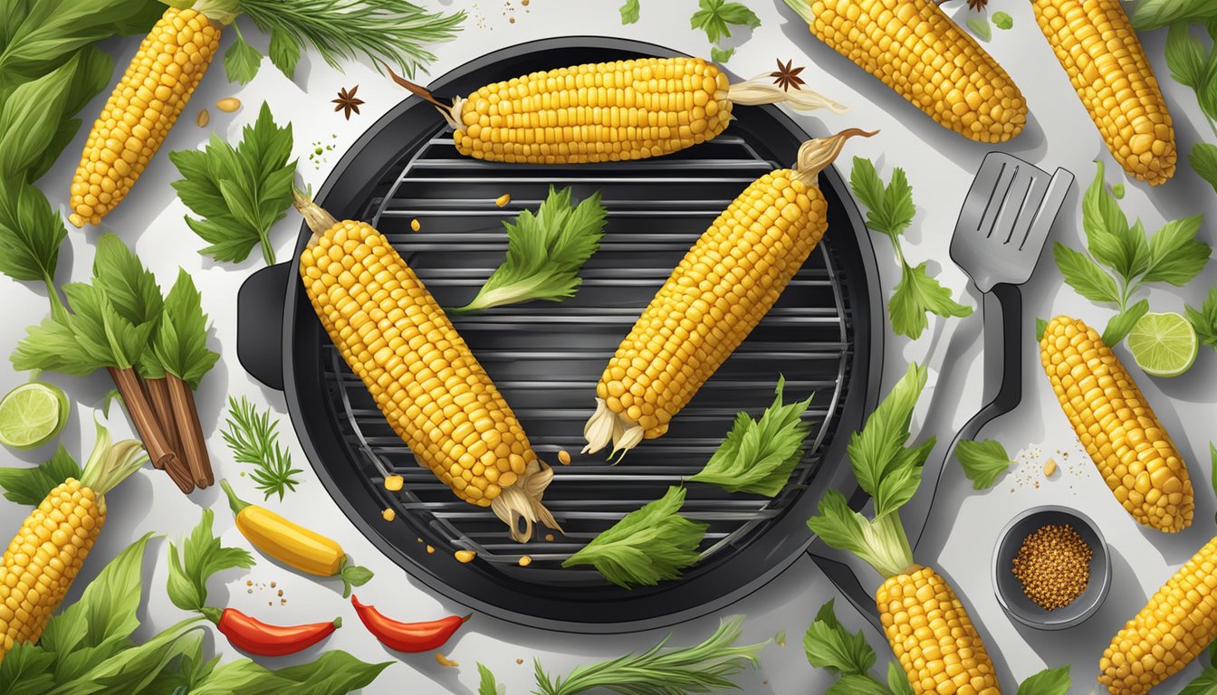 A grill with smoking corn on the cob, surrounded by fresh herbs and spices