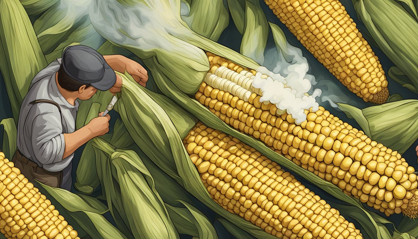 A smoking corn on the cob being handled