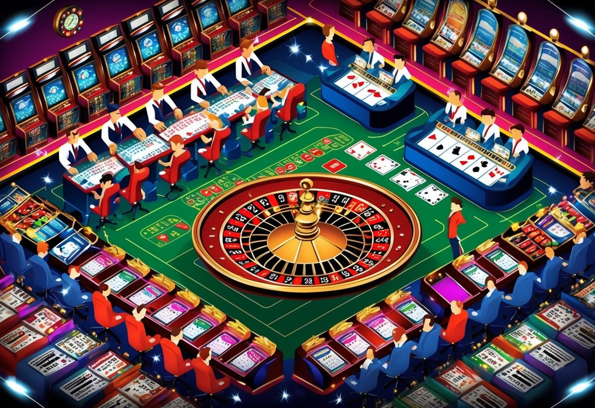 A colorful casino floor with slot machines, card tables, and a roulette wheel surrounded by eager gamblers and flashing lights