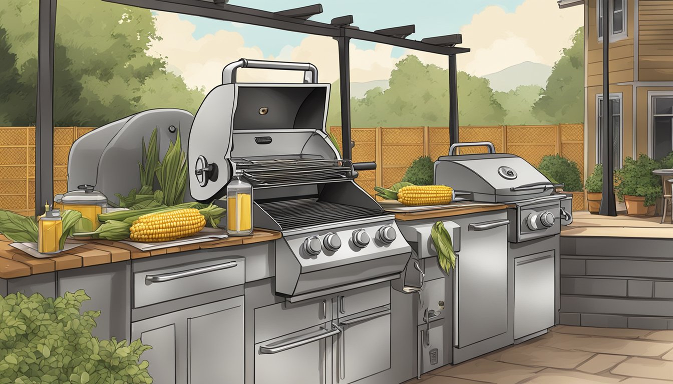 A grill with smoking corn on the cob, surrounded by a clean and organized outdoor cooking area