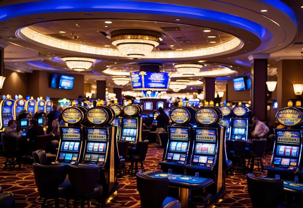 A bustling casino floor with slot machines, card tables, and flashing lights. Patrons are enjoying games and drinks while the energetic atmosphere fills the room