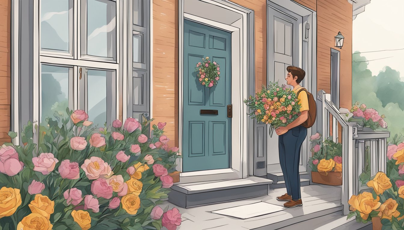 A man leaving a bouquet of flowers and a heartfelt letter on his ex-wife's doorstep