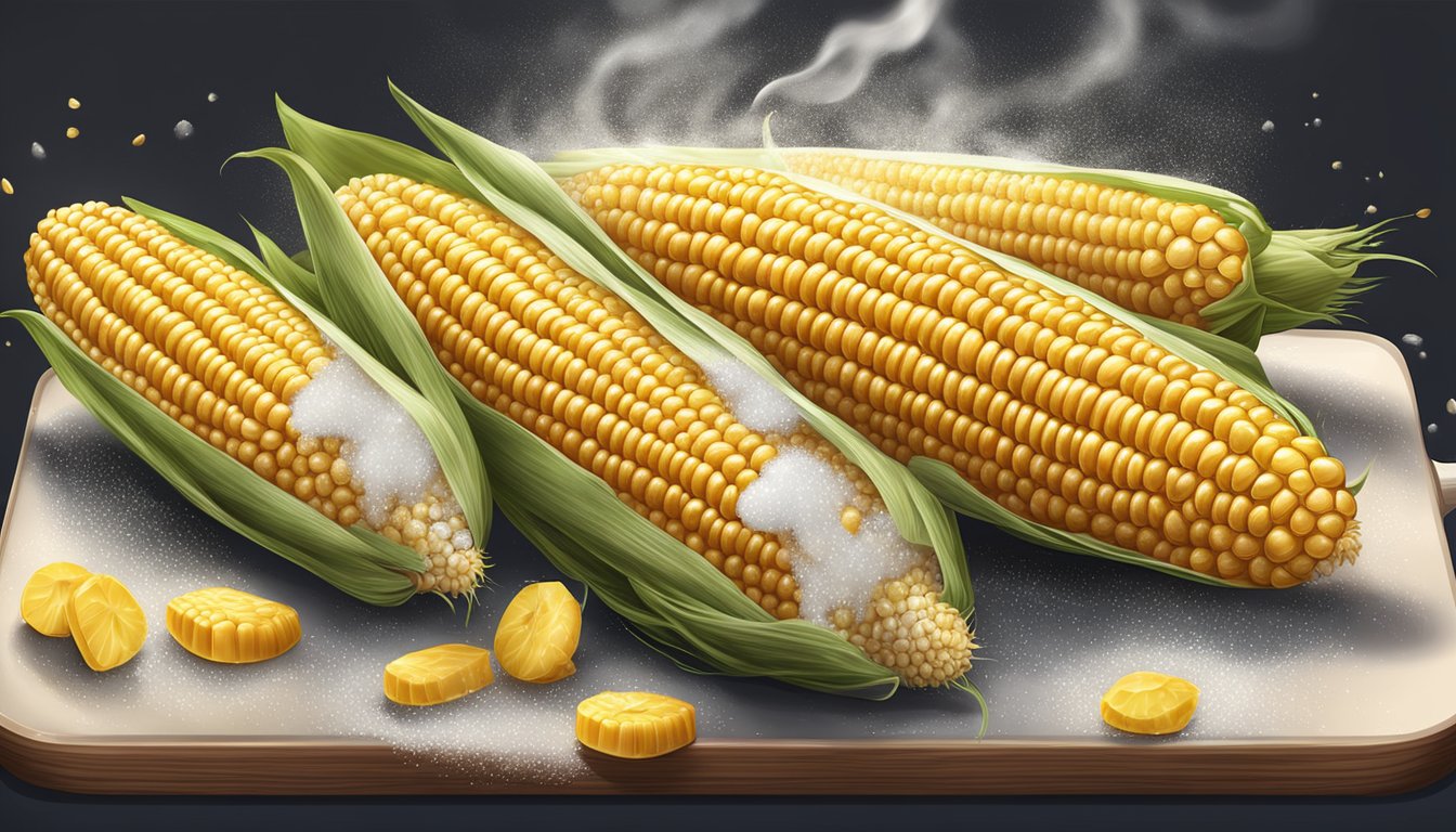 Golden corn on the cob on a baking sheet, fresh out of the oven, with steam rising and a sprinkle of salt