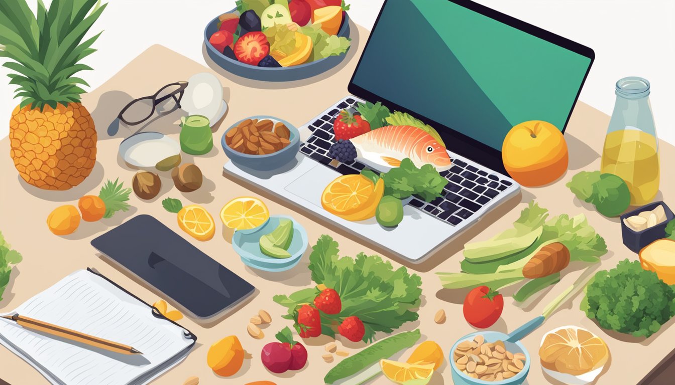 A table filled with various foods: fruits, vegetables, nuts, and fish. A book titled "The Anti-Inflammatory Diet" lies open next to a laptop