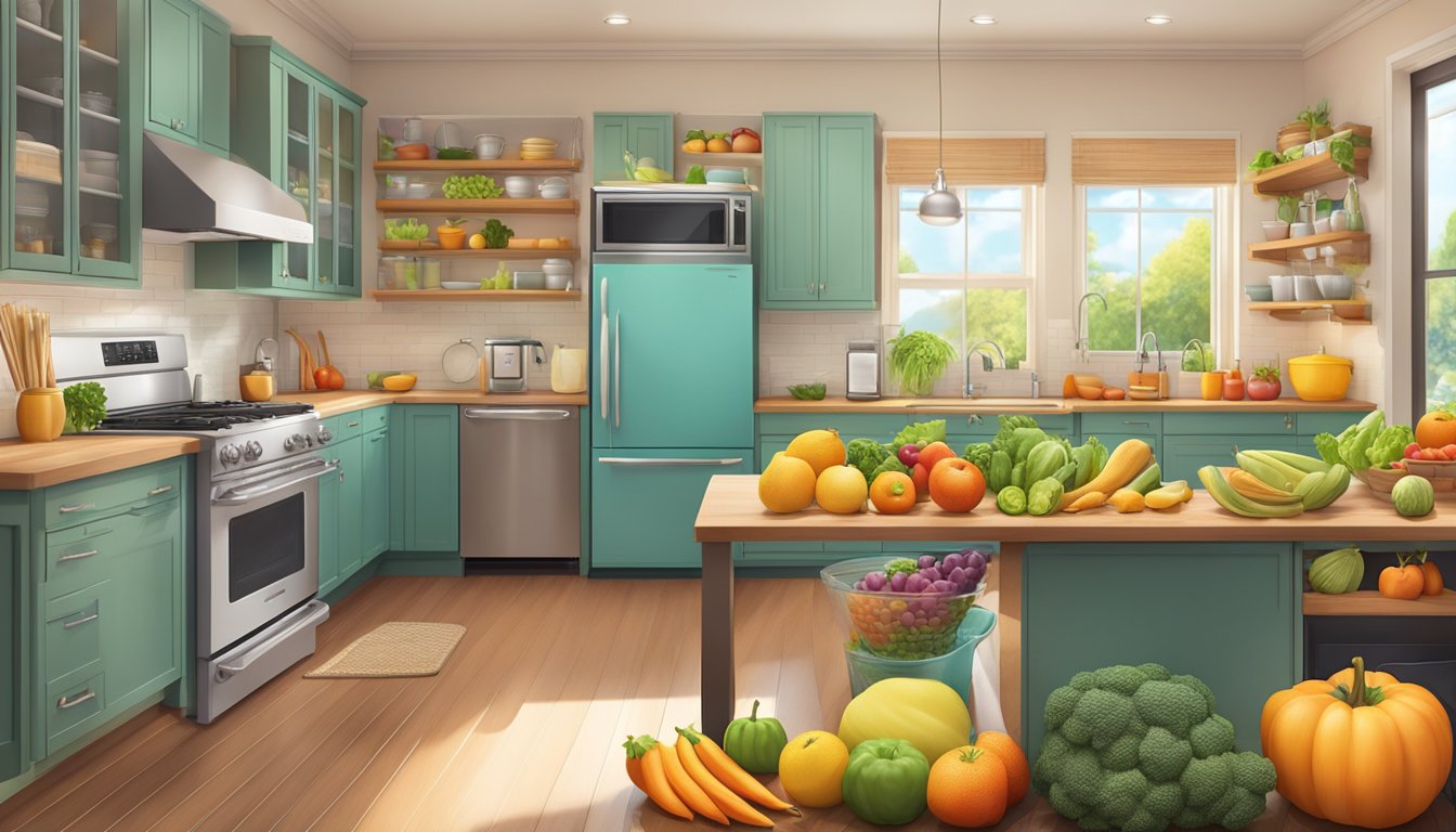 A vibrant kitchen filled with colorful fruits, vegetables, and whole grains, surrounded by exercise equipment and relaxation spaces