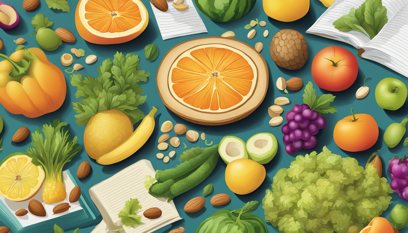 A colorful array of fruits, vegetables, nuts, and seeds arranged on a table, surrounded by research papers and medical journals