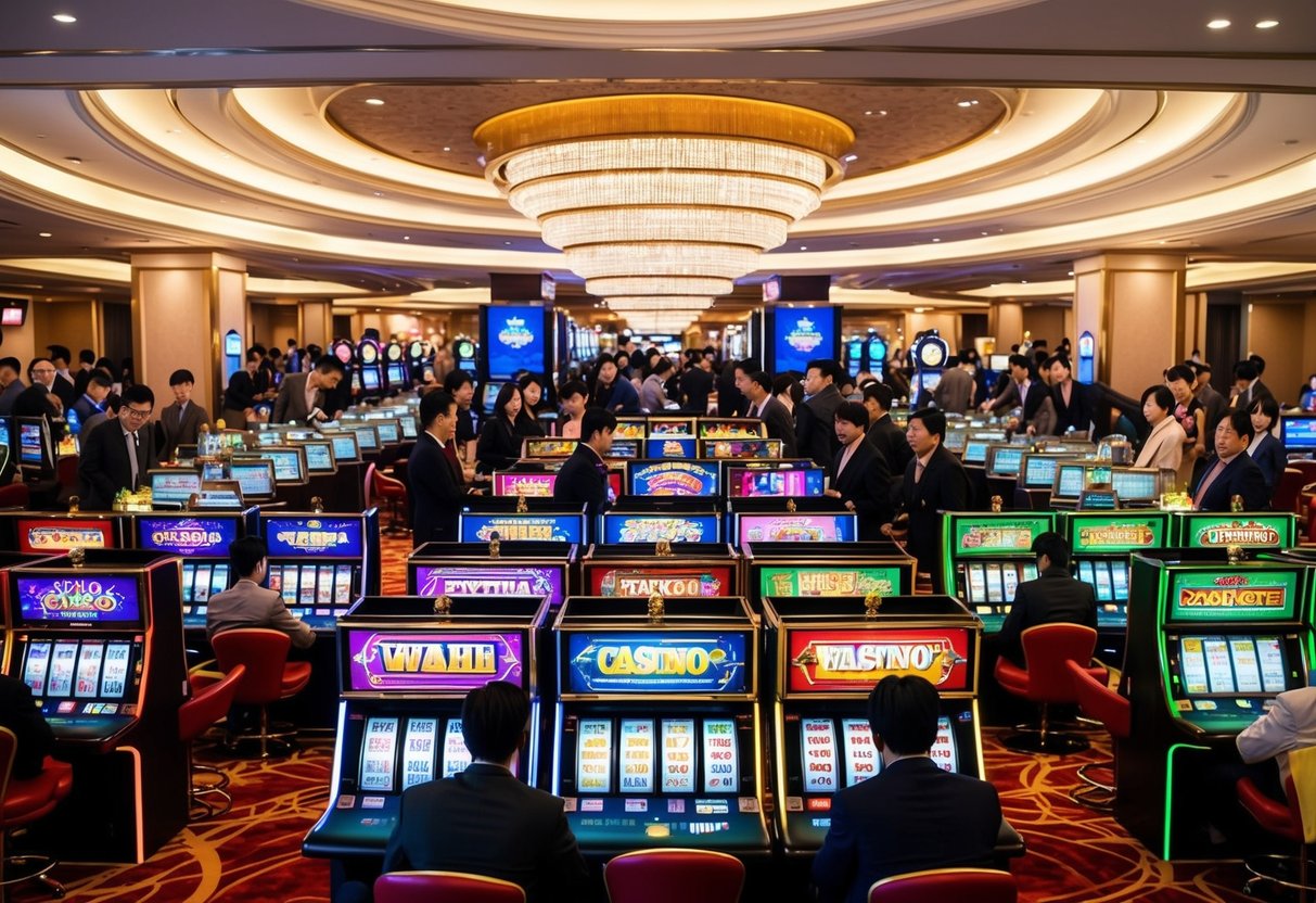 A bustling South Korean casino with colorful slot machines and gaming tables surrounded by excited patrons