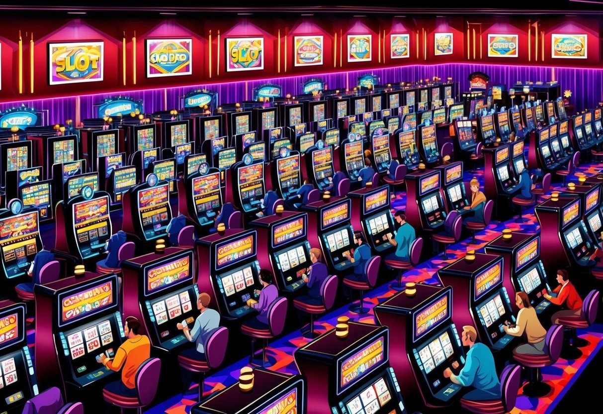 Brightly lit casino floor with rows of slot machines, colorful graphics, and flashing lights. Patrons seated at machines with drinks in hand