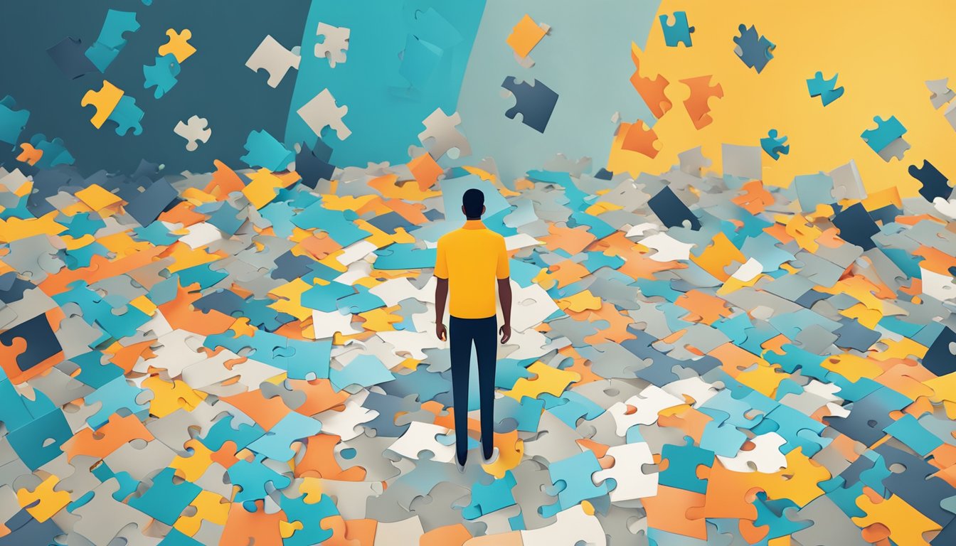 A man standing alone, surrounded by scattered puzzle pieces, with some pieces fitting together while others remain separate