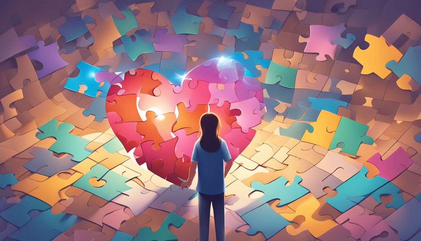 A broken heart mending itself, surrounded by scattered puzzle pieces and a glowing path leading towards reconciliation