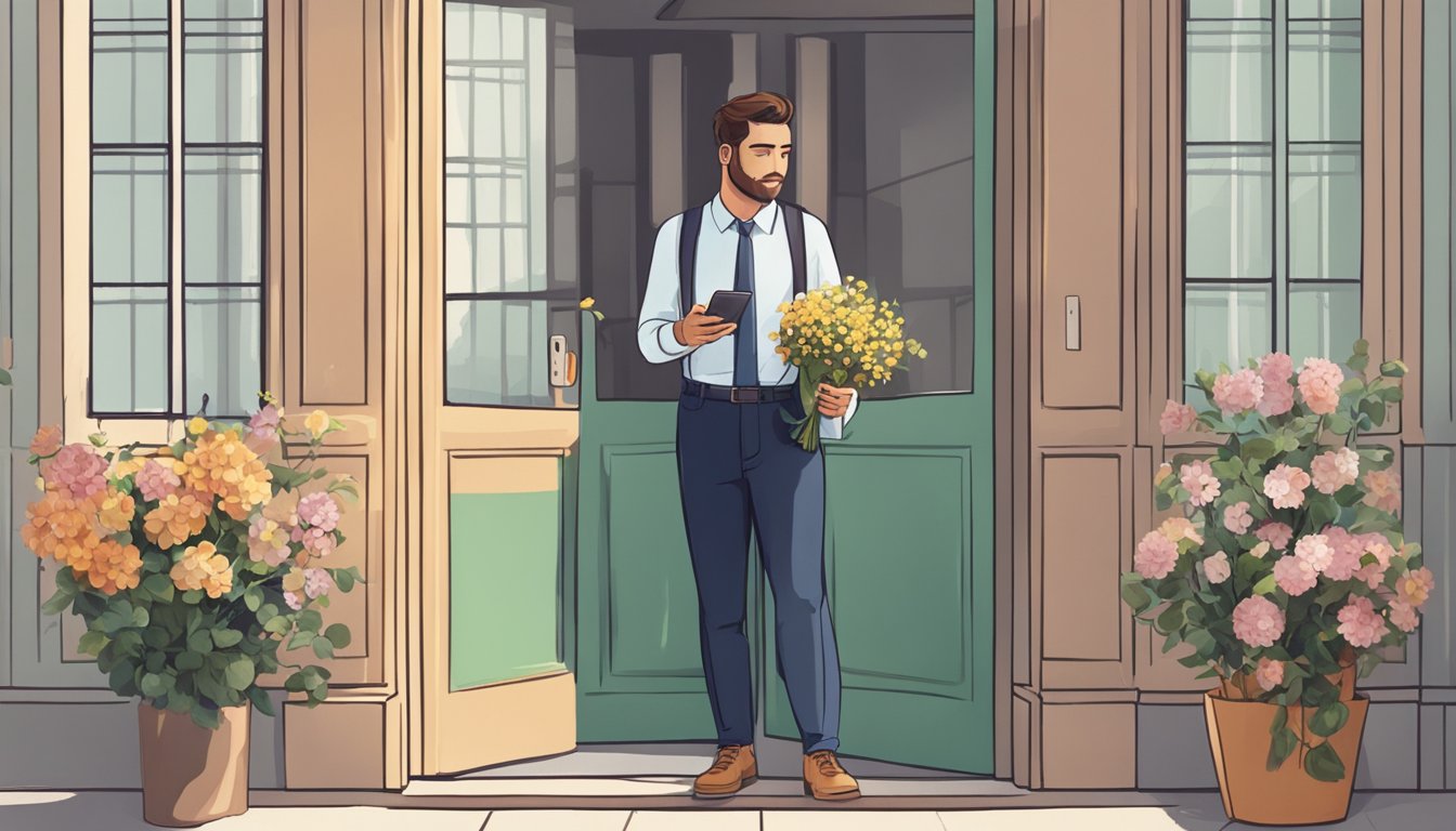 A man standing outside a closed door, holding a bouquet of flowers and looking at his phone, with a hopeful expression on his face