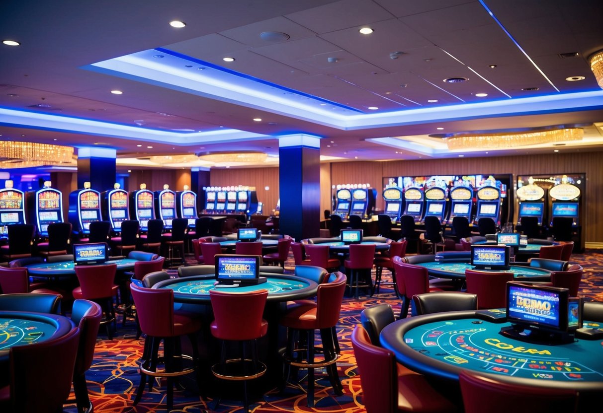 A colorful casino with bright lights, slot machines, and card tables bustling with activity. A sleek, modern interior with a lively atmosphere