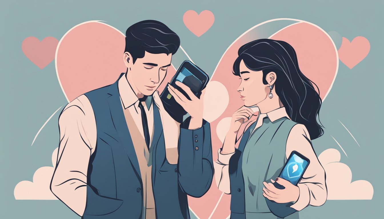 A man and woman standing apart, each holding a cell phone, with a broken heart symbol between them