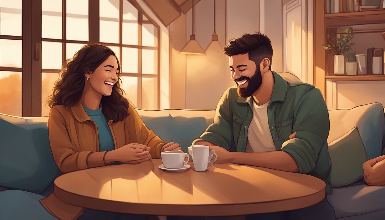 A couple sits together, laughing and holding hands, surrounded by a warm, cozy atmosphere