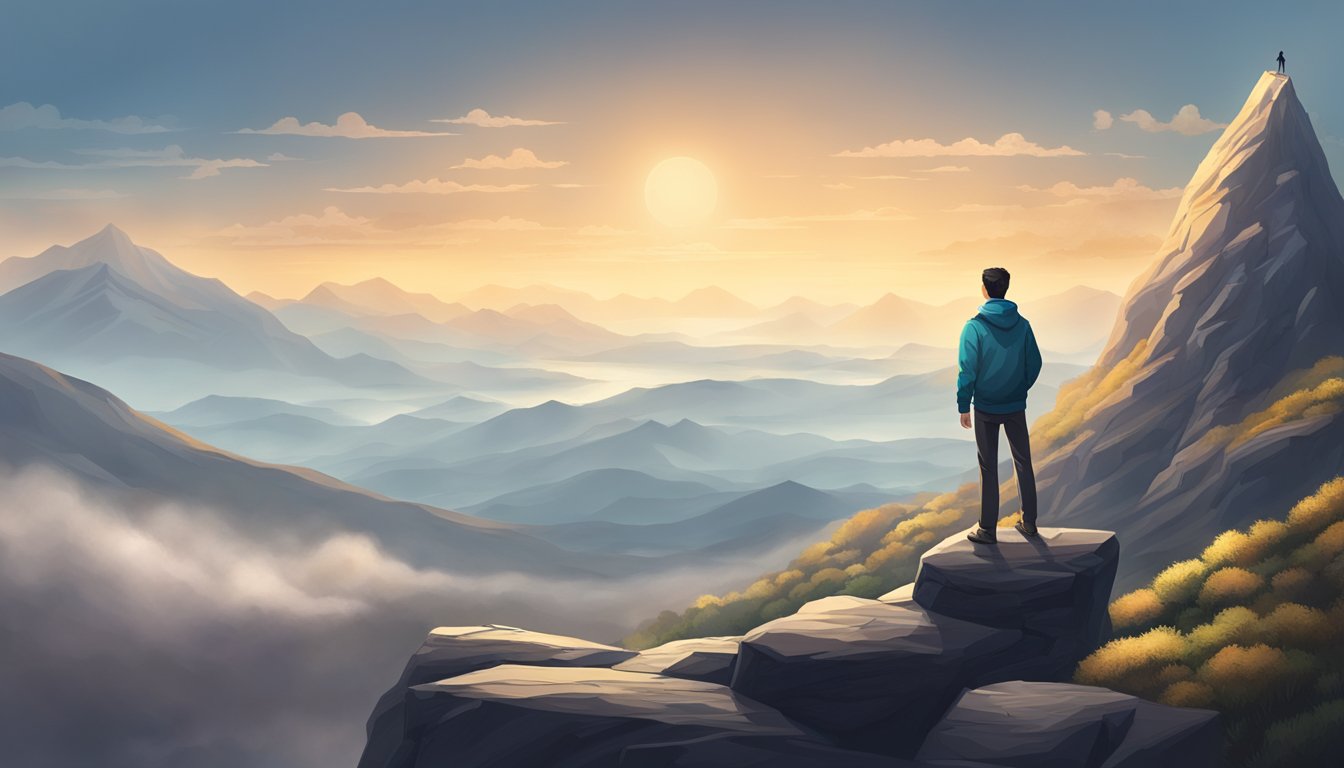 A person standing alone on a mountain peak, gazing out at a vast, open landscape, symbolizing the journey of self-improvement and growth