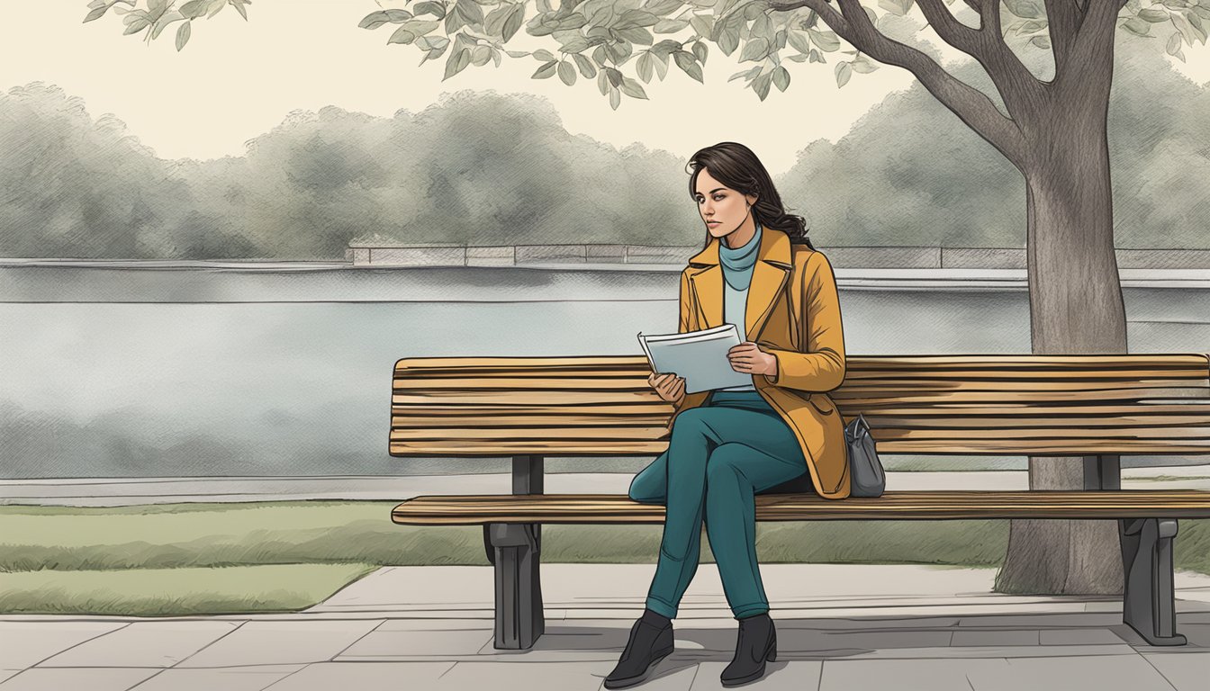 A woman sitting alone on a park bench, looking at a photo of her ex-husband with a pensive expression