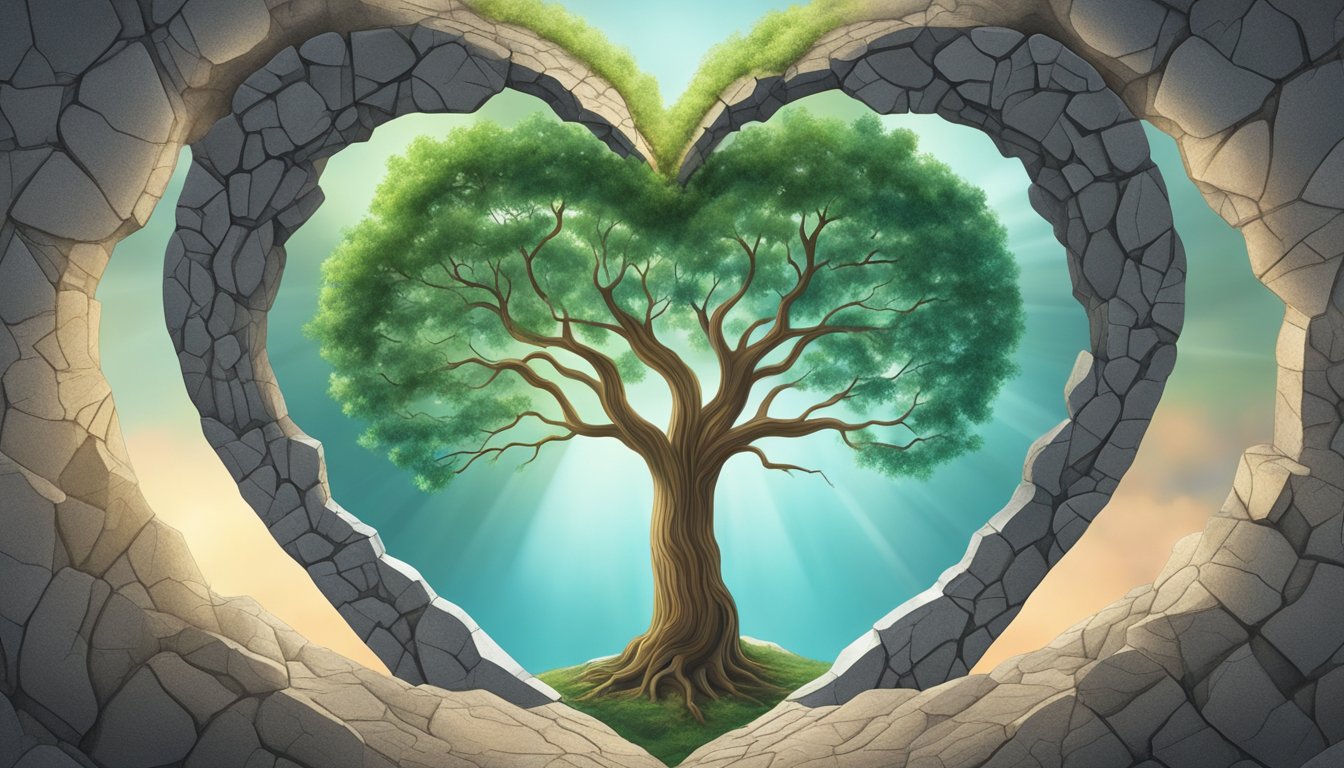 A tree growing from a cracked heart-shaped stone, surrounded by mirrors reflecting inner growth and self-reflection