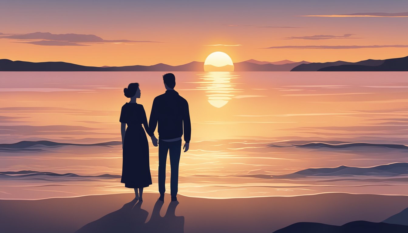 A couple's silhouette standing on a beach at sunset, facing each other with a soft, tender expression