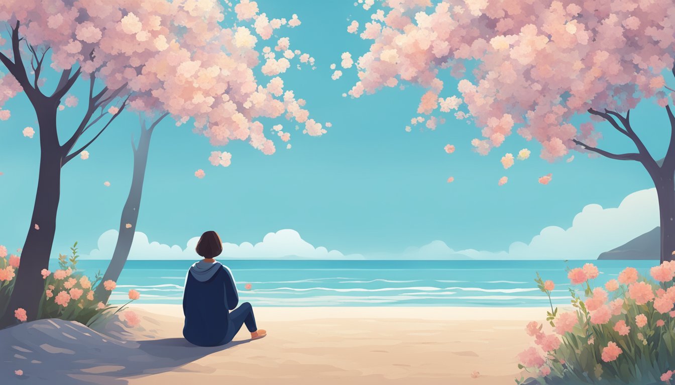 A person sitting alone on a peaceful beach, surrounded by blooming flowers and a clear blue sky, symbolizing personal growth and self-care after a breakup