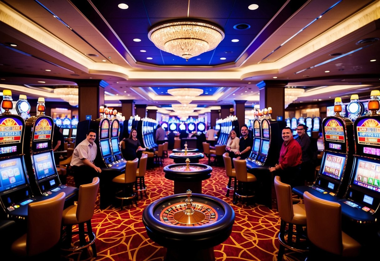 A vibrant casino floor with slot machines, card tables, and a roulette wheel surrounded by excited and engaged patrons