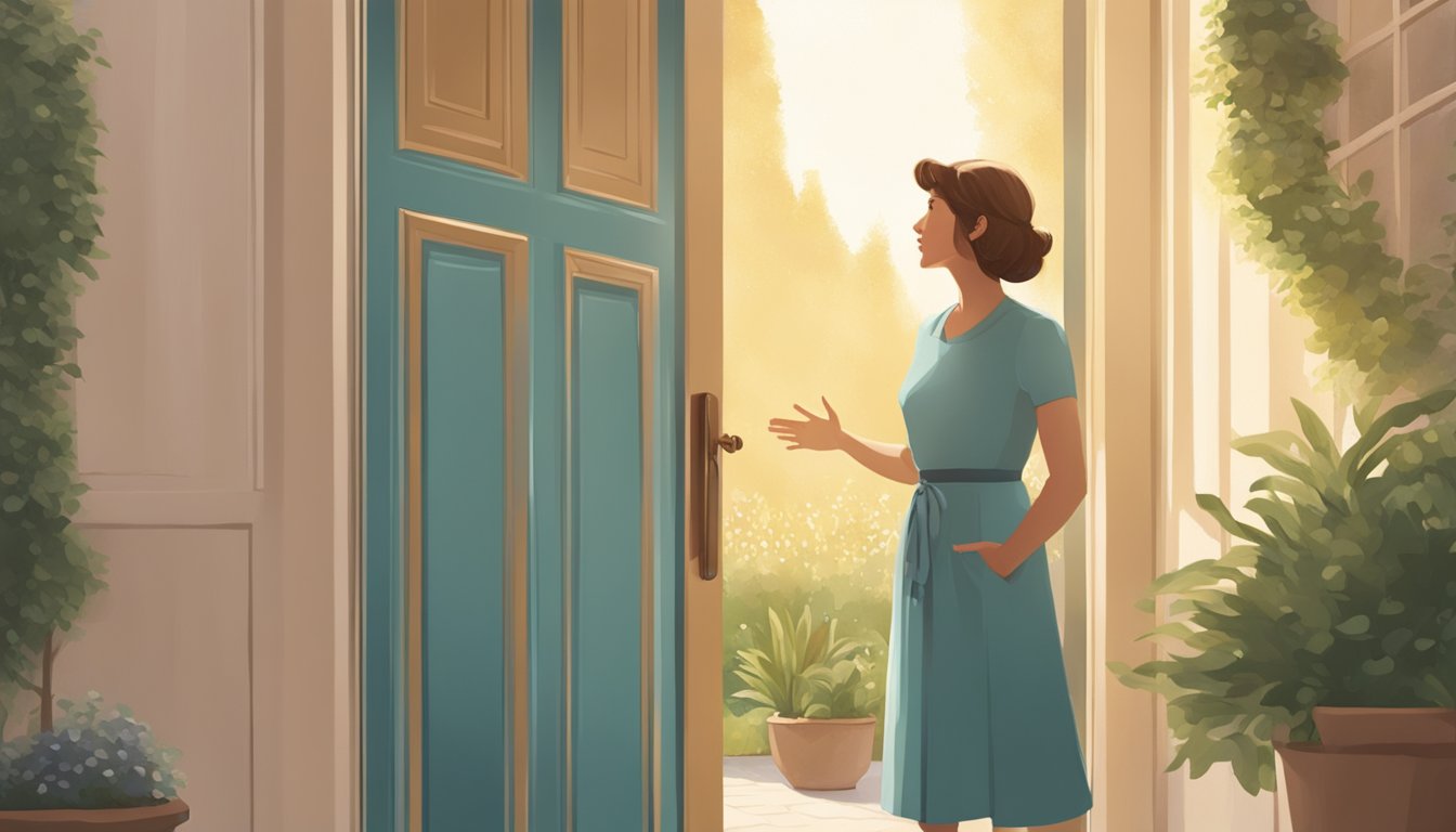 A woman stands by a closed door, reaching out with a hopeful expression. Outside, a sunny garden symbolizes new beginnings