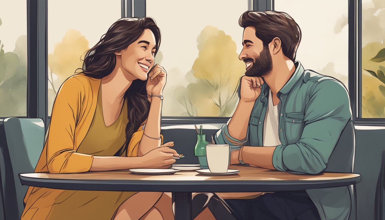 A woman and man sitting across from each other at a table, smiling and engaging in deep conversation, signaling a renewed connection