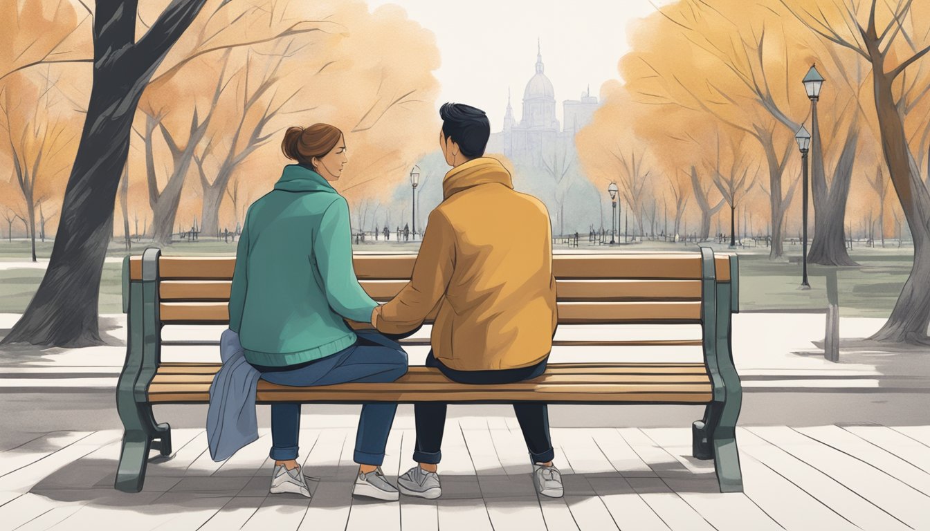 A couple sitting on a park bench, facing each other, with one person reaching out to the other in a gesture of reconciliation and vulnerability