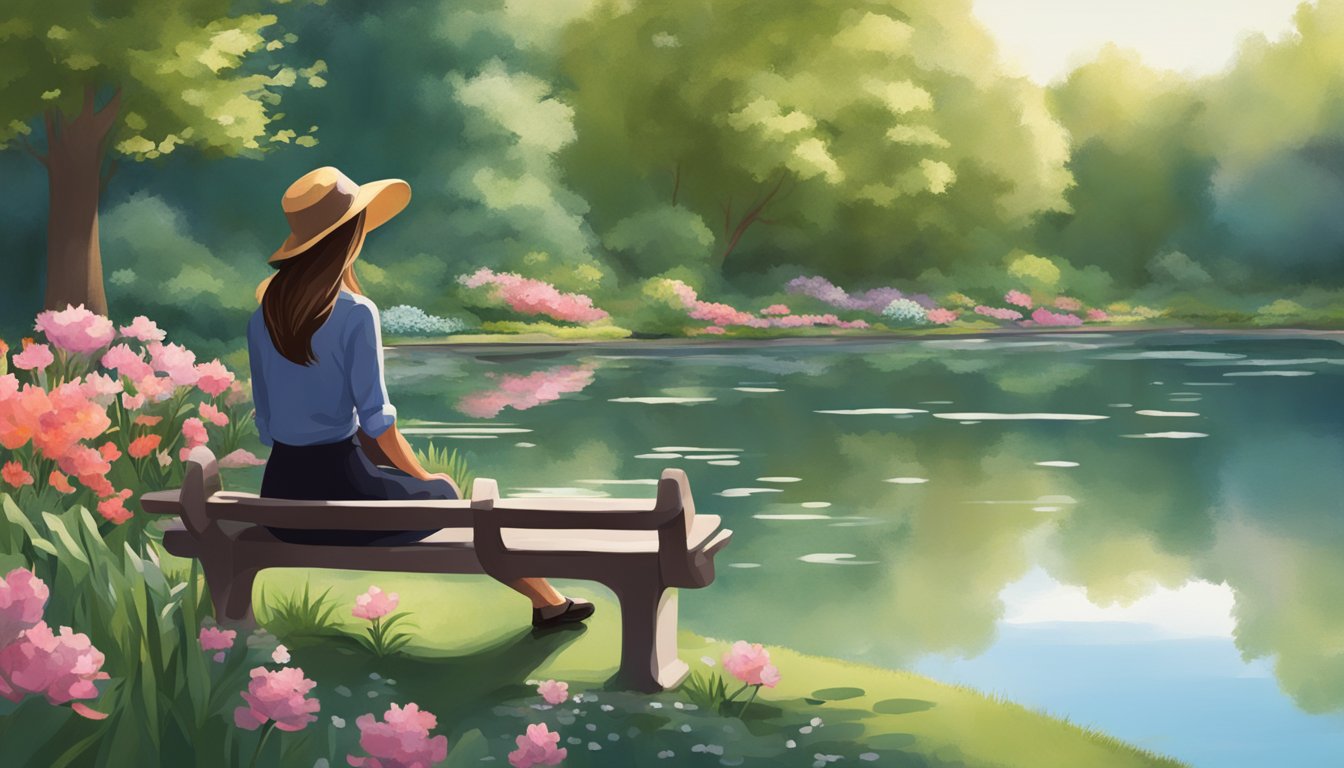 A woman sitting alone on a park bench, surrounded by blooming flowers and a tranquil pond, deep in thought and reflection