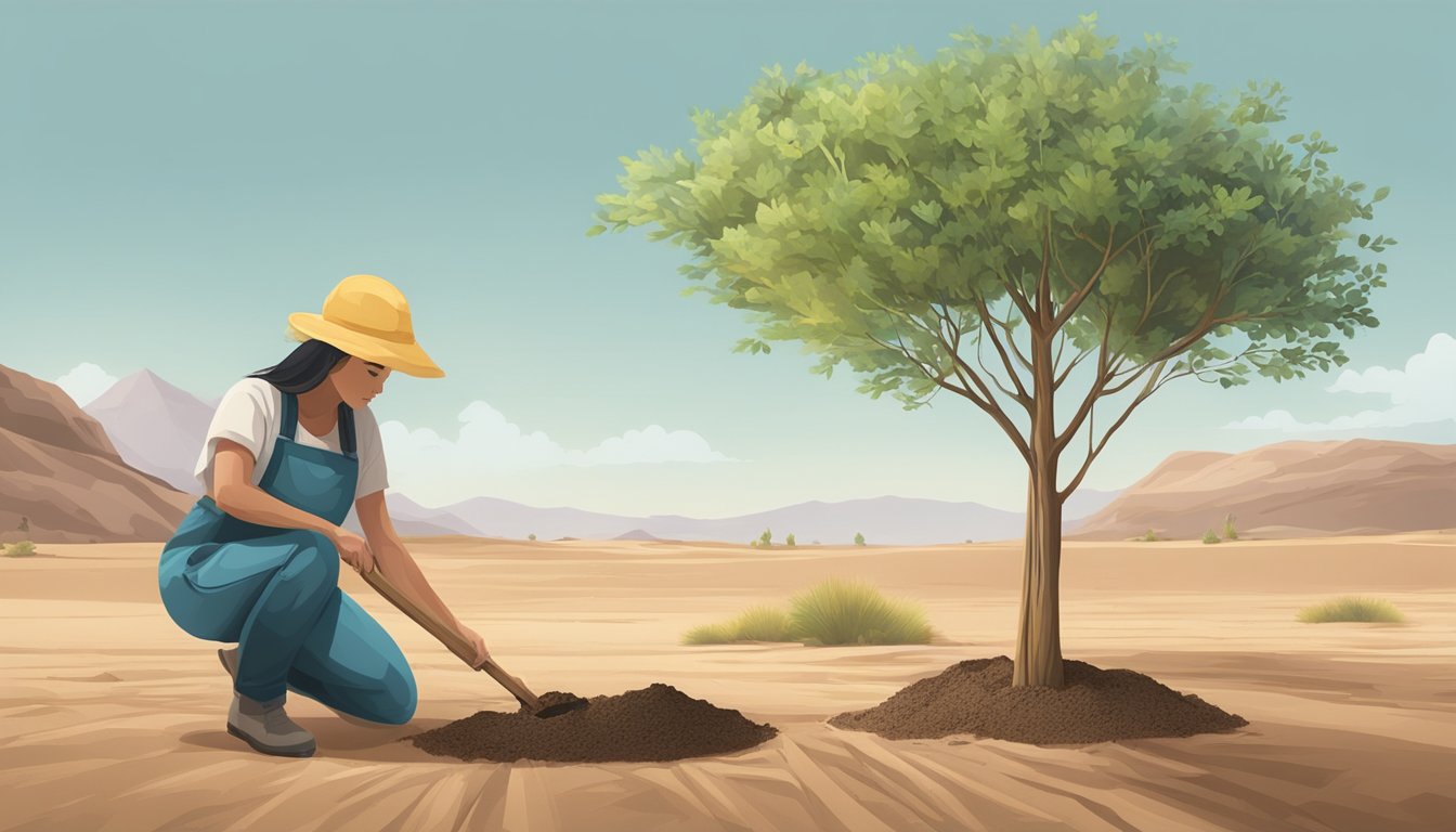 A woman planting a tree in a barren landscape, symbolizing hope and growth for the future