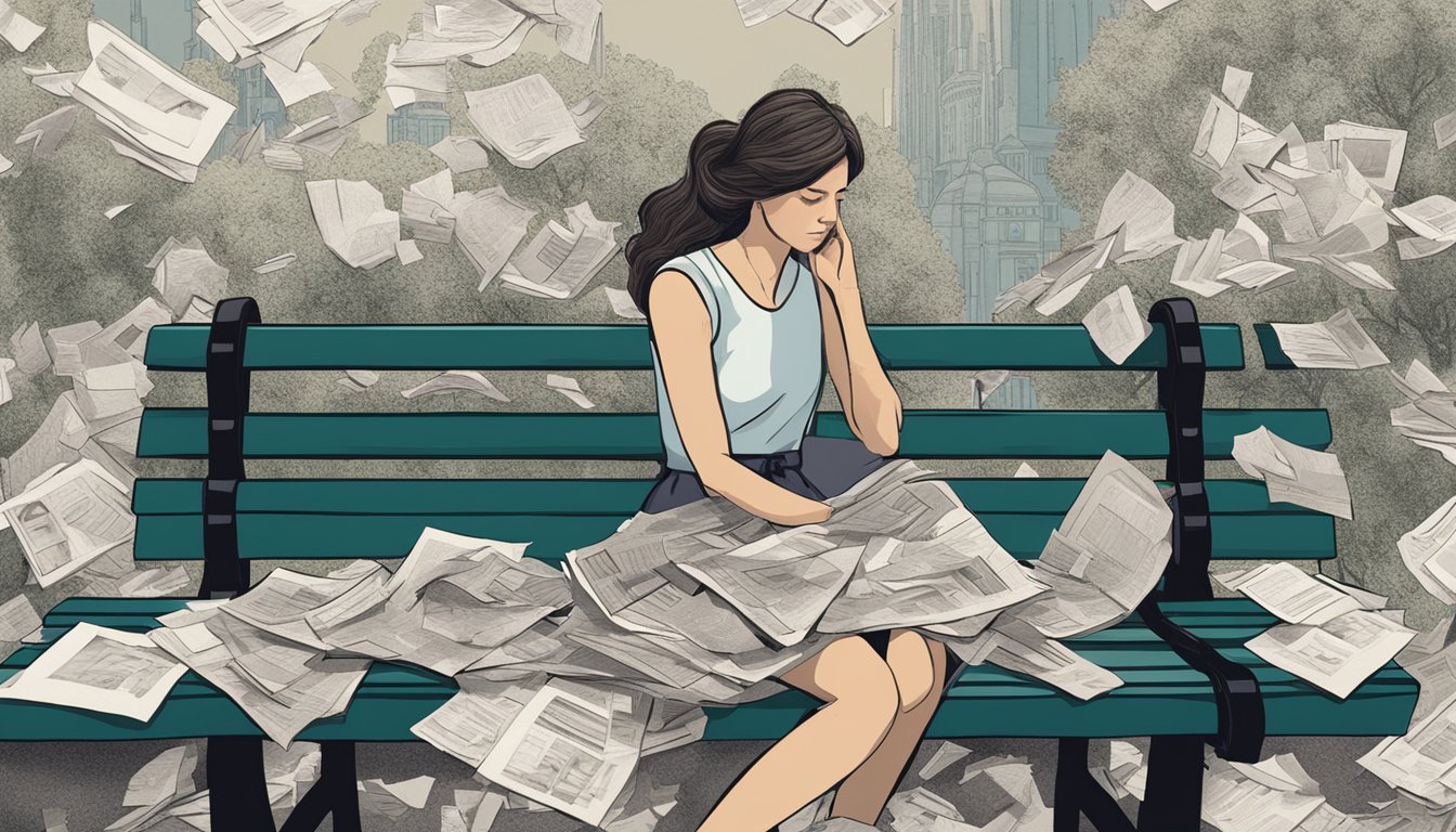 A woman sits alone on a park bench, surrounded by scattered torn photographs and crumpled letters, deep in thought as she considers her options