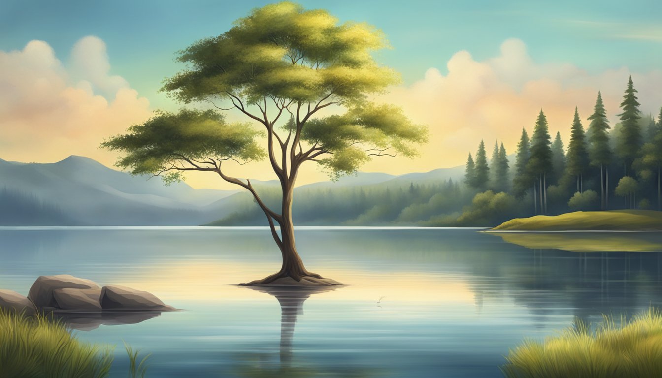 A serene lakeside with a lone tree reflecting in the water, surrounded by peaceful nature