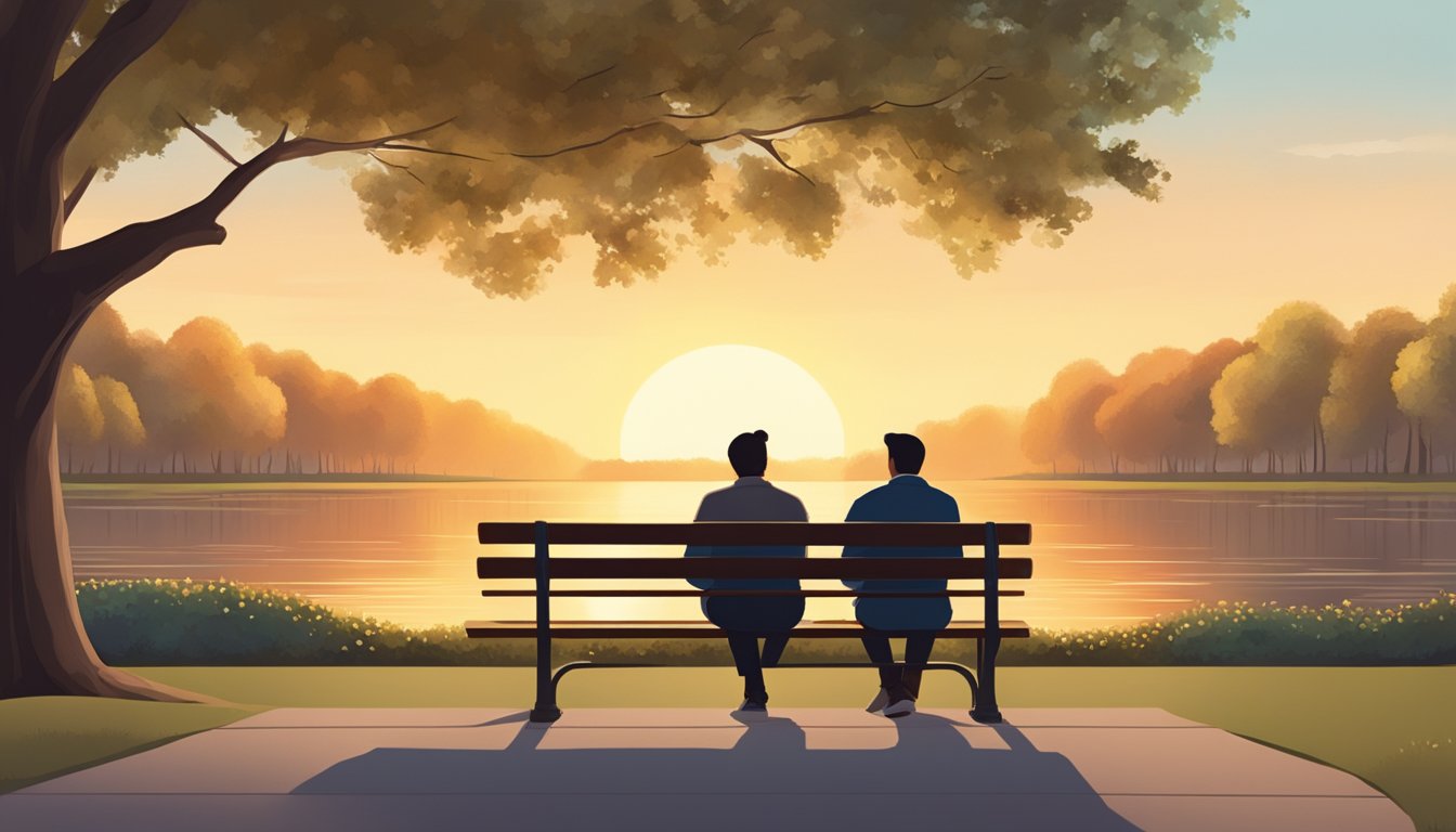 Two figures sitting on a park bench, facing each other. One holds out a hand in a gesture of reconciliation, while the other looks hesitant but open. The setting sun casts a warm glow over the scene