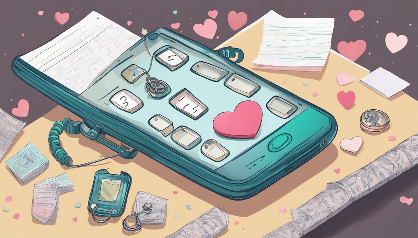 A woman's phone displaying a missed call from her ex, surrounded by scattered handwritten notes and a heart-shaped locket