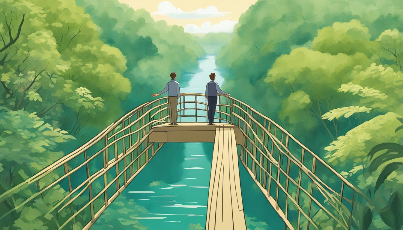 Two figures stand on opposite sides of a bridge, reaching out towards each other with open arms. The bridge is surrounded by lush greenery, symbolizing the potential for reconnection