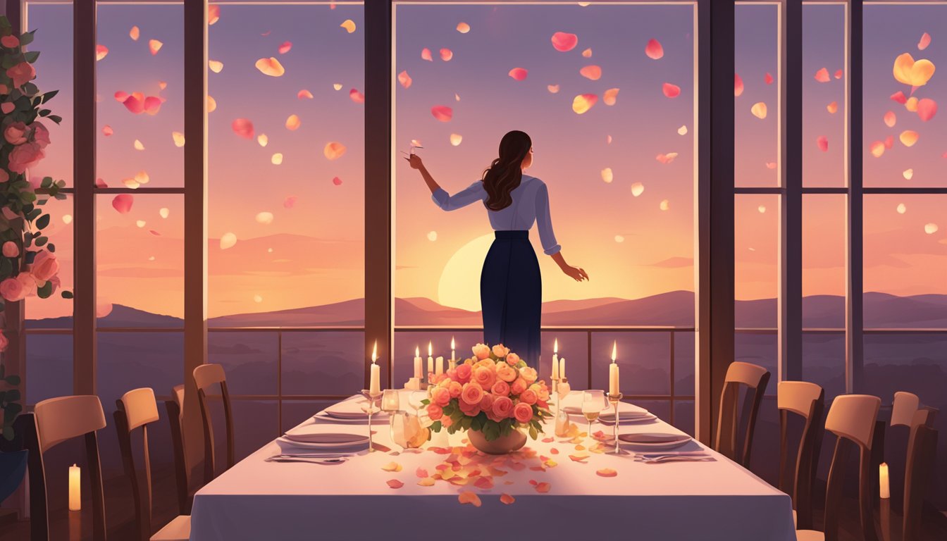 A woman standing in front of a romantic sunset, with a trail of rose petals leading to a candlelit dinner table