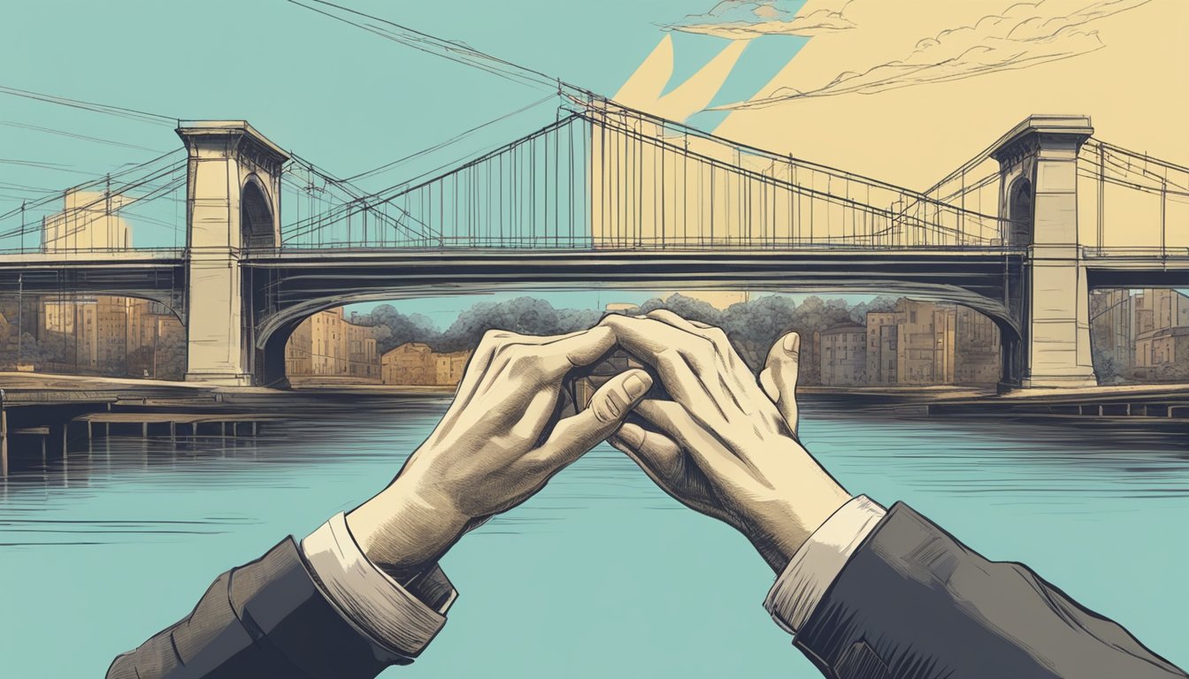 Two hands reaching out towards each other, with a bridge being rebuilt between them, symbolizing a rekindled friendship