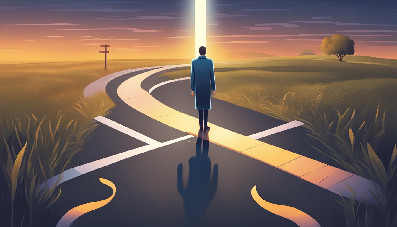 A figure standing at a crossroads, one path leading to a broken heart and the other to self-improvement. A glowing light illuminates the path of self-discovery