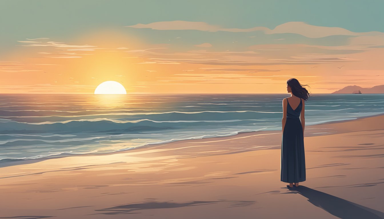 A woman standing alone on a beach at sunset, looking out at the horizon with a determined expression